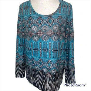 𝅺tribal Pullover Tunic Top Lovely Print Turquoise & Mixed Colors Soft Knit